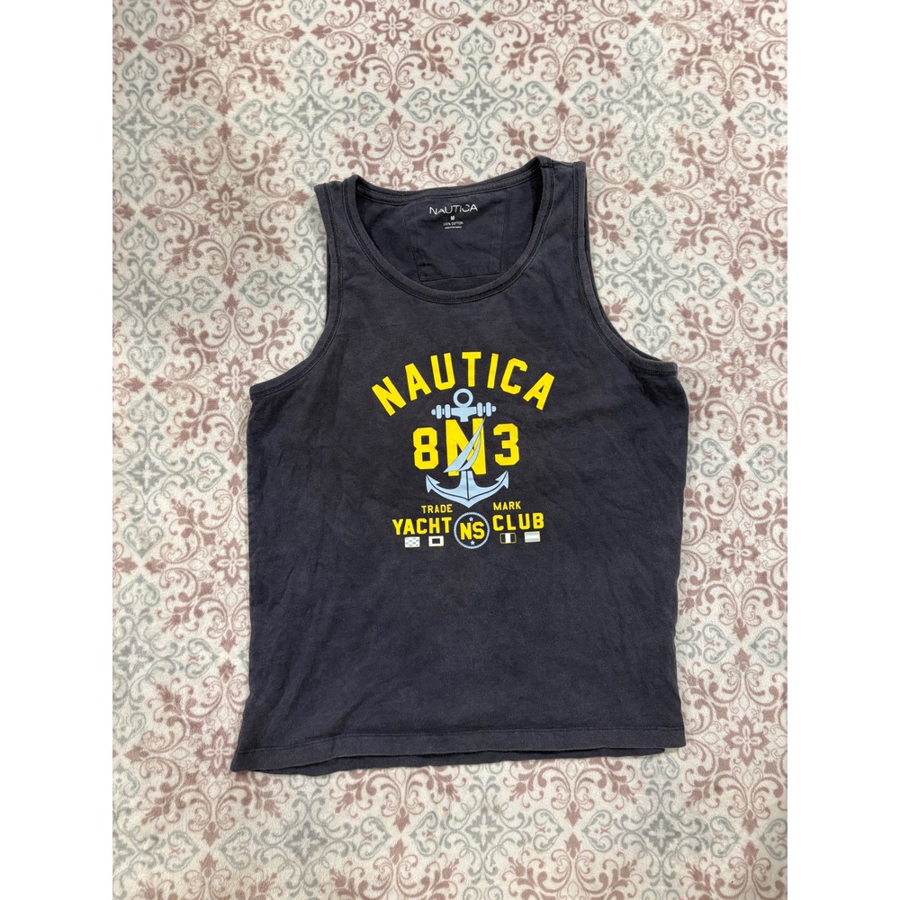 Nautica Yacht Club Graphic Tank Top Mens Medium Navy Blue Anchor 83 Cotton
